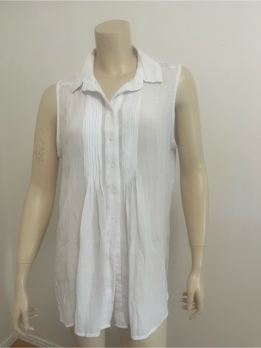 Sleeveless White Pintuck Button-Front Blouse